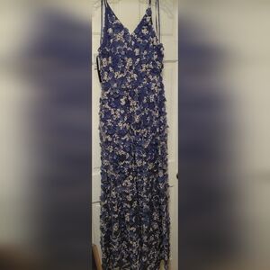 NWT. Floor Length Navy Off-Shoulder Evening Gown W/Floral Applique Throughout